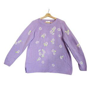 Quacker Factory Daisy Knit Sweater Large Lavender Purple Cottagecore